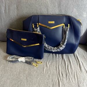 Joy & Iman Leather Purse Satchel Handbag Navy With Crossbody